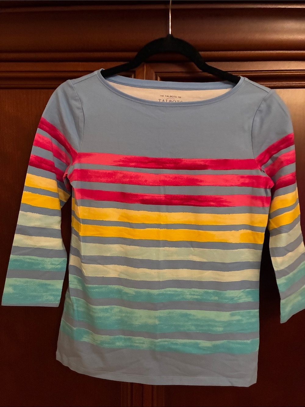Talbots Light Blue Long-Sleeve Striped Tee with Pink, Yellow and Aqua